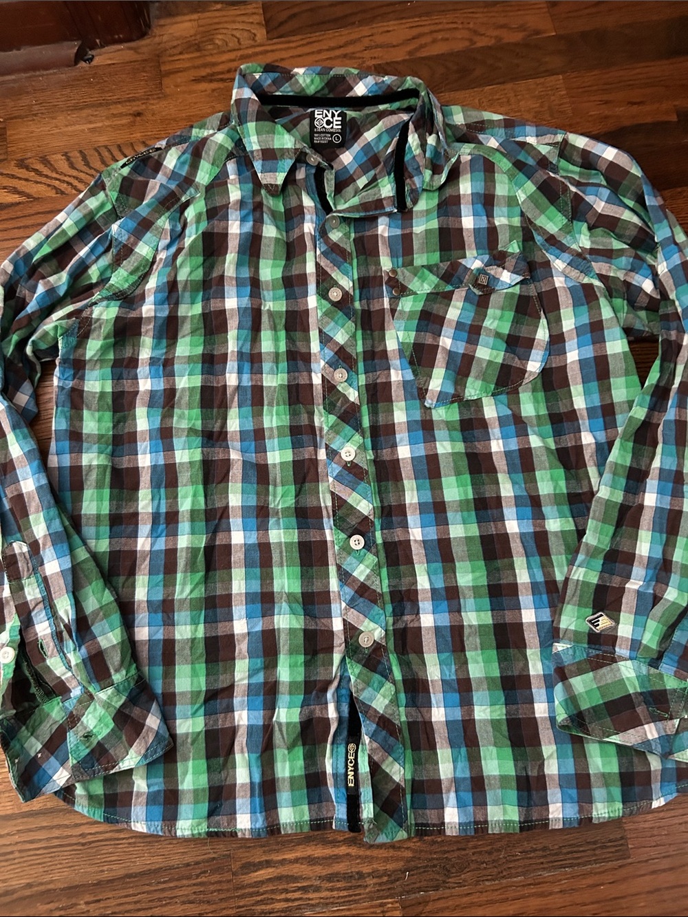 Enyce Men’s Green, Blue & Black Plaid Button-Down Shirt